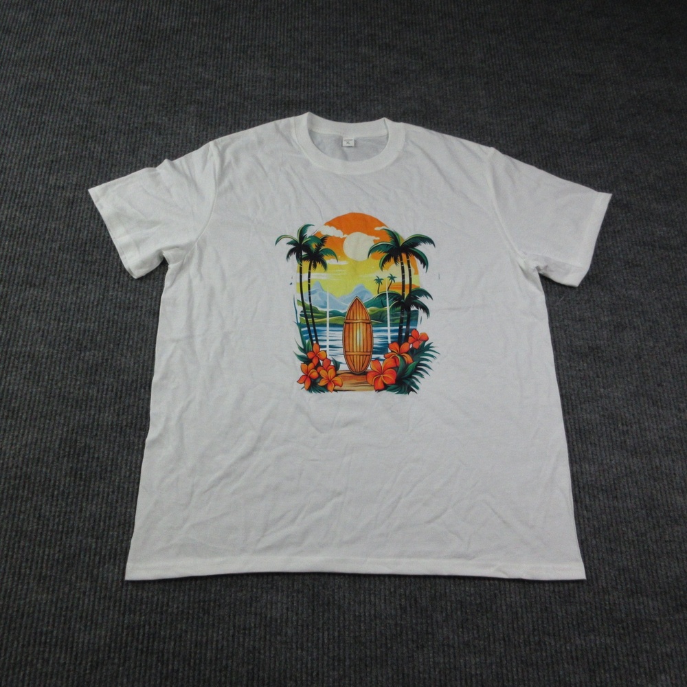 Tropical Surf Sunset Palm Trees Shirt Mens XL White Cotton Crew Neck Graphic Tee